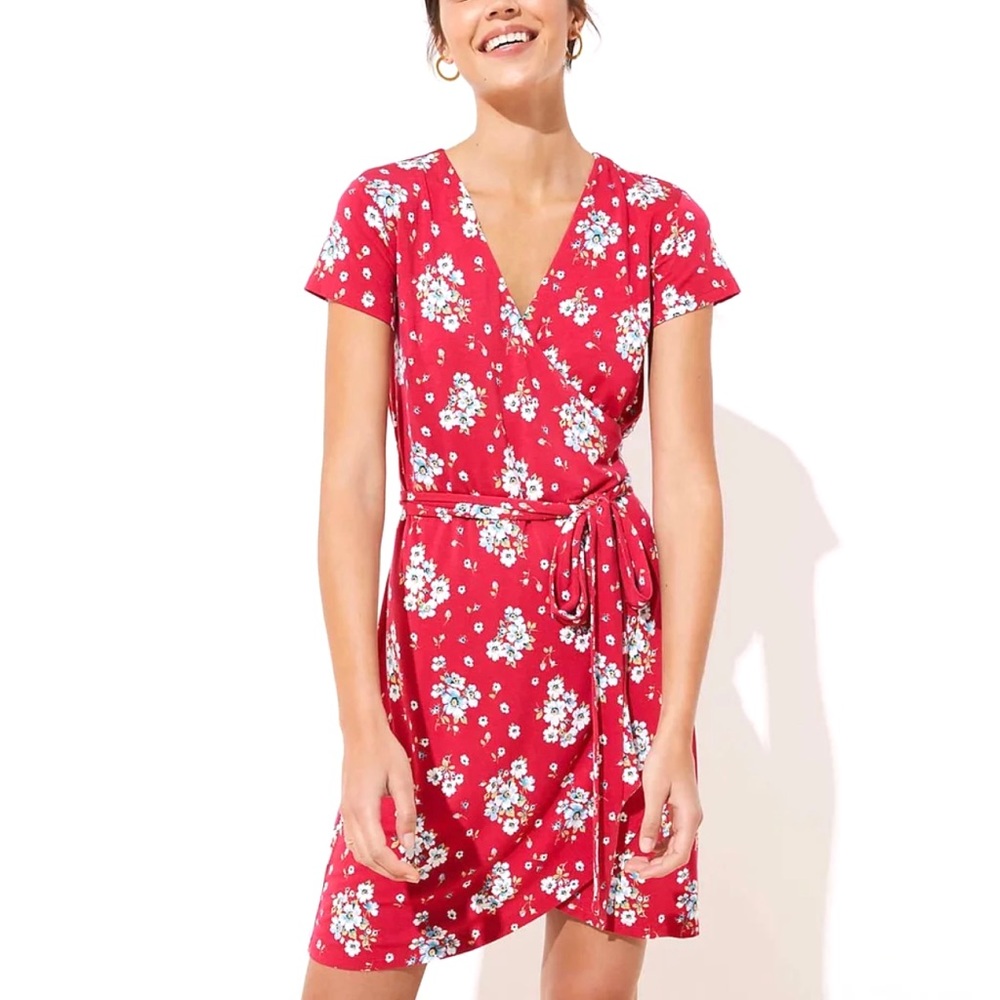 LOFT | Floral Wrap Dress Pink Red S